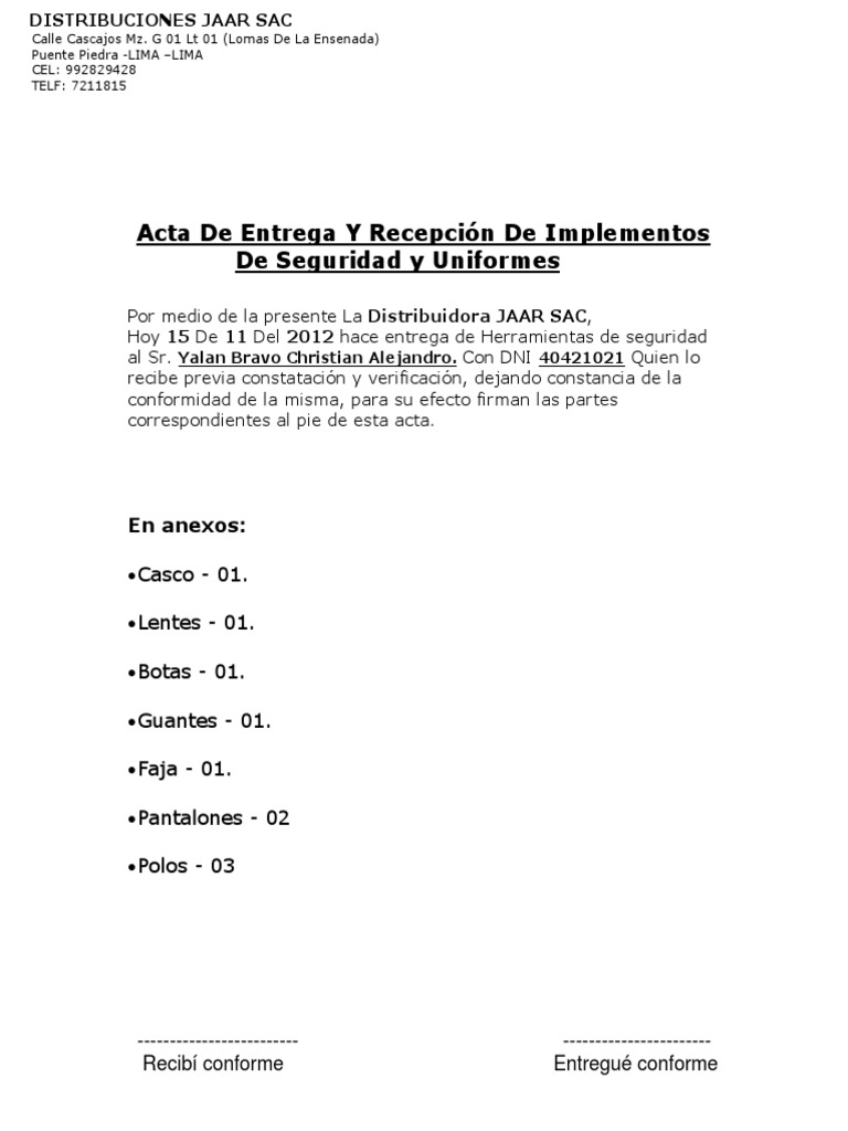 Acta de Entrega de Implementos