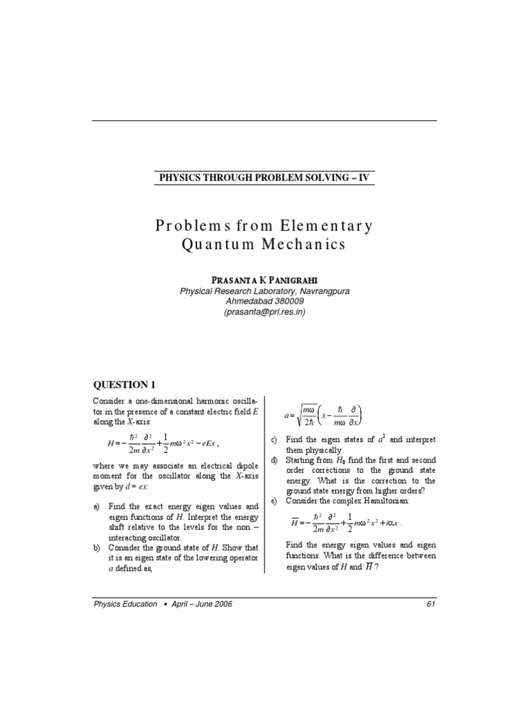 Problems From Elementary Quantum Mechanics: Physics Through Problem ...
