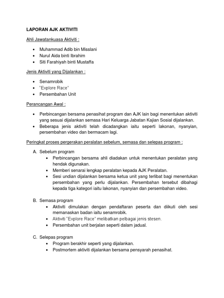 Contoh Laporan Ajk Aktiviti Pdf