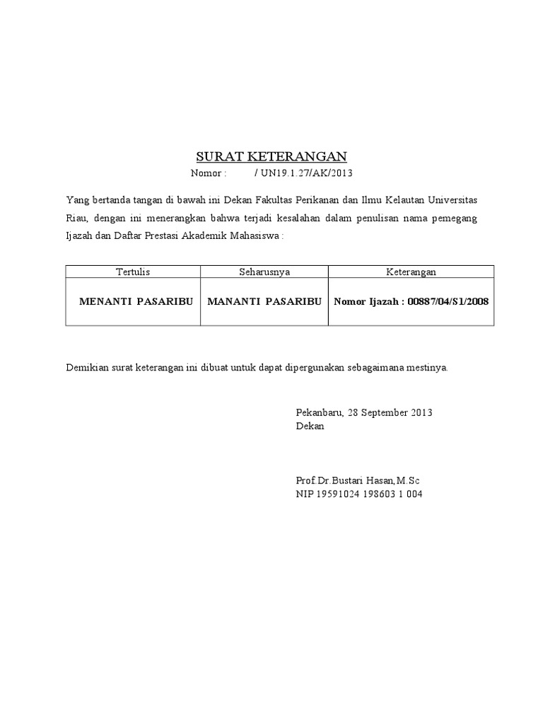 Surat Keterangan Ijazah Salah Pdf