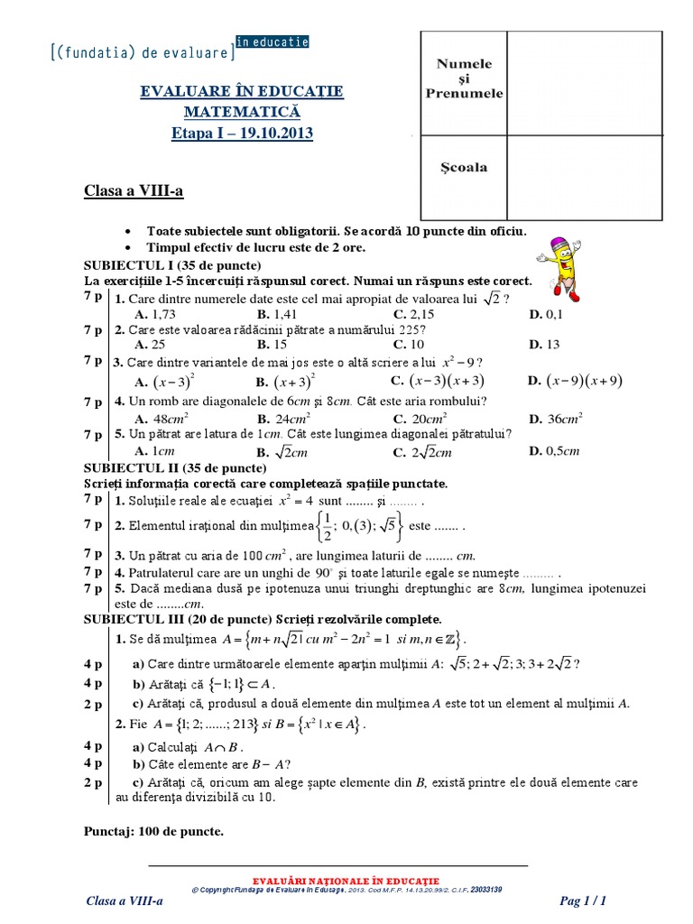Clasa8 Subiecte Matematica 2013E1 | PDF