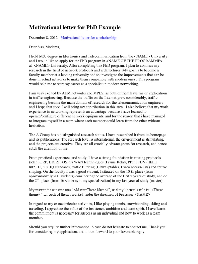 Motivational Letter For Phd Example Computer Network Telecommunication