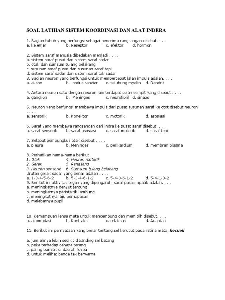 Soal Latihan Sistem Koordinasi Dan Alat Indera