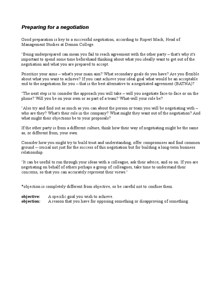 Answers to Preparing for a Negotiation Worksheet | Negotiation | Goal
