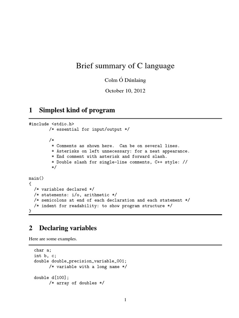 Brief Summary of C Language: 1 Simplest Kind of Program | PDF | C ...