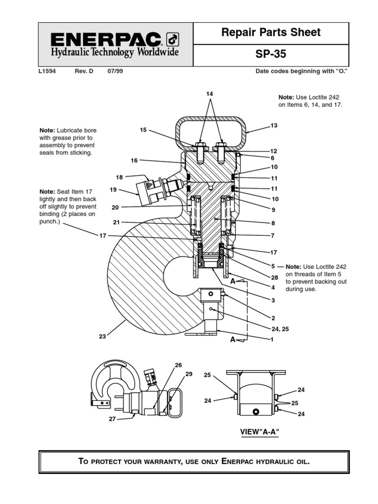 Repair Parts Sheet Enerpac Punch SP35 Joining Metalworking