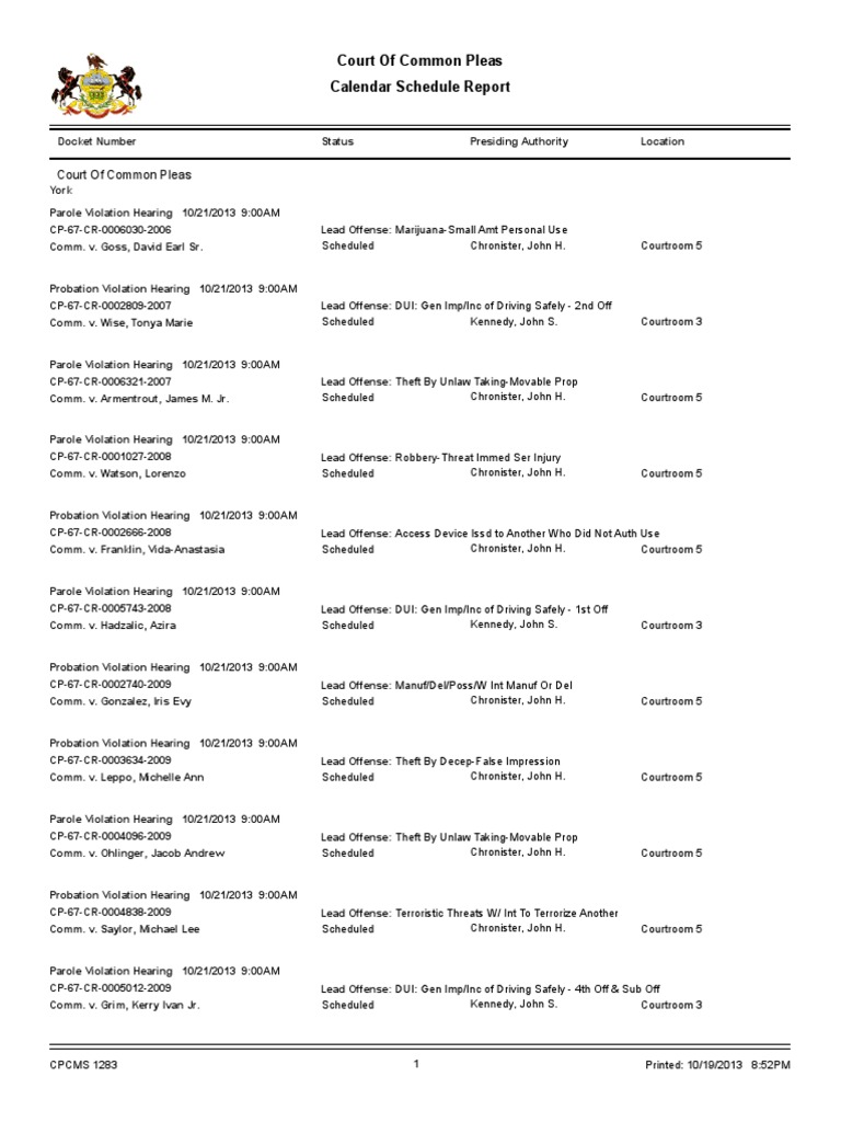 York County Court Schedule For Oct. 21 PDF Probation Driving