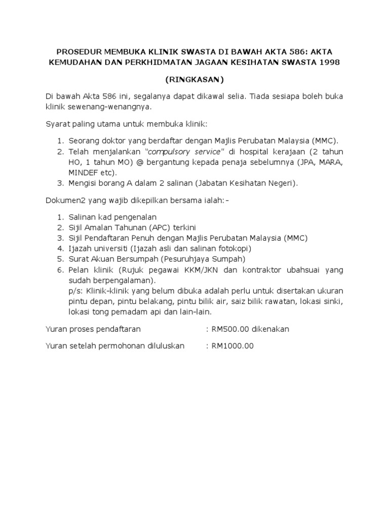 Prosedur Membuka Klinik Swasta Di Bawah Akta 586 Pdf