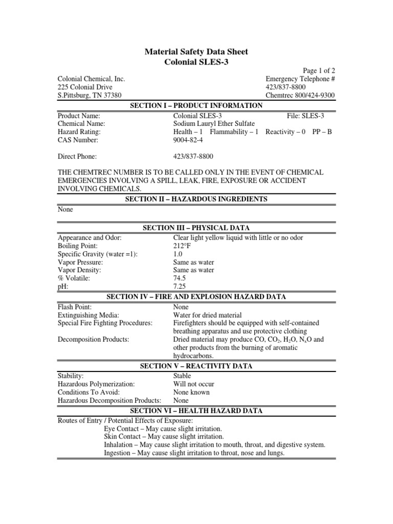 Msds Colonial Sles3 PDF Personal Protective Equipment Hygiene