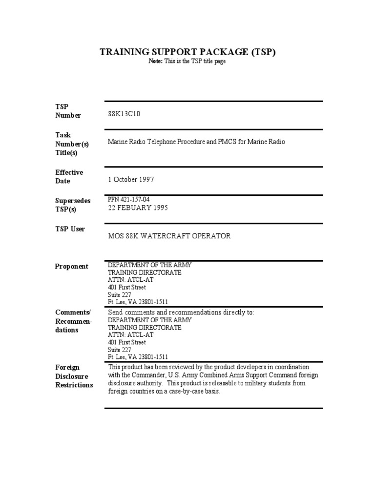 Training Support Package (TSP) TSP Number Task Number(s) Title(s) Effective Date Supersedes