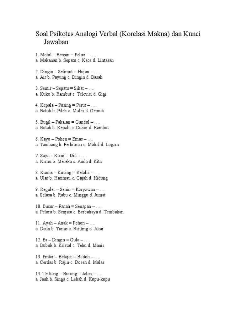 Contoh Soal Psikotes Analogi Verbal Dan Kunci Jawabannya | PDF