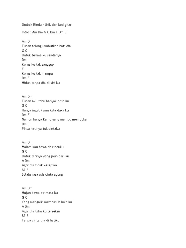 Ombak Rindu Lirik Dan Kod Gitar