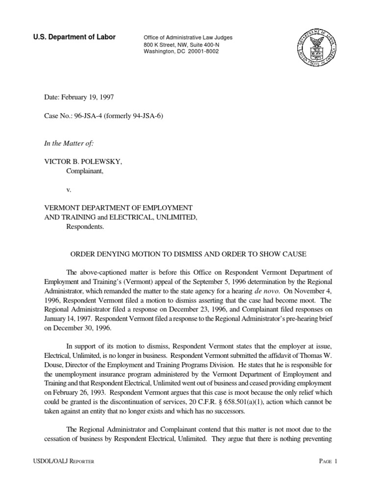 Order on Motion to Dismiss Case 96-JSA-4 | PDF | Mootness | Employment