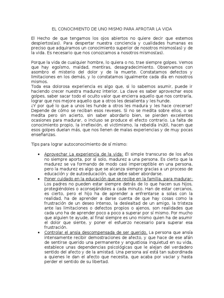 El Conocimiento de Uno Mismo para Afrotar La Vida | PDF | Conocimiento ...