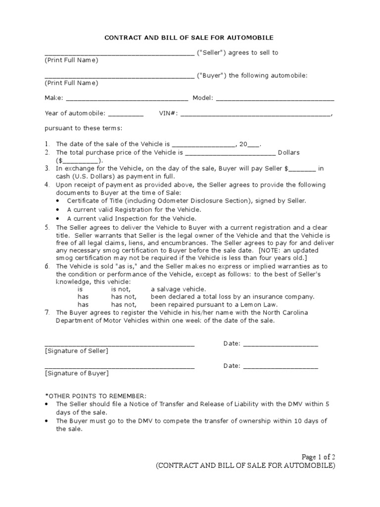 bill of sale nc vehicle pdf notary public bill of sale