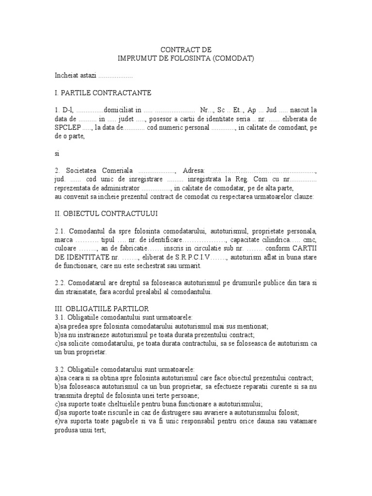 Contract De Comodat Auto Pdf : Contract de comodat (imprumut de ...