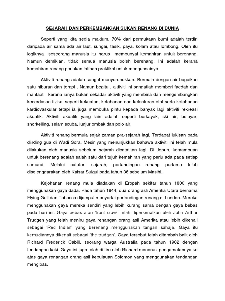 Sejarah Dan Perkembangan Sukan Renang Di Dunia