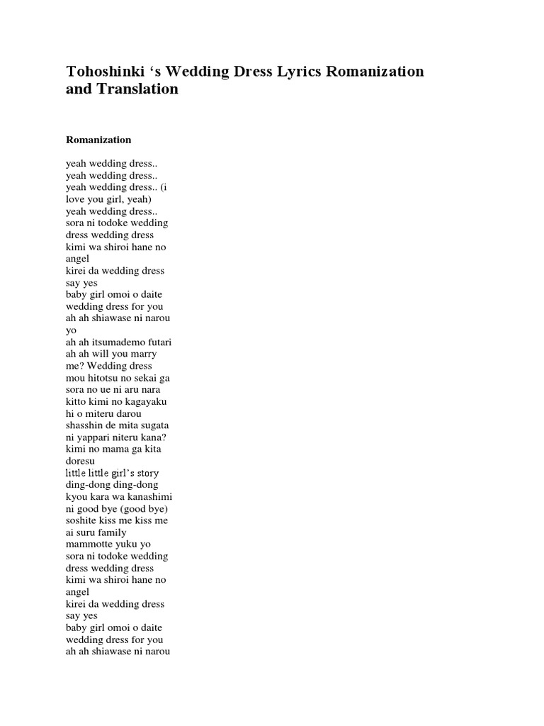 Tohoshinki S Wedding Dress Lyrics Romanization and Translation PDF