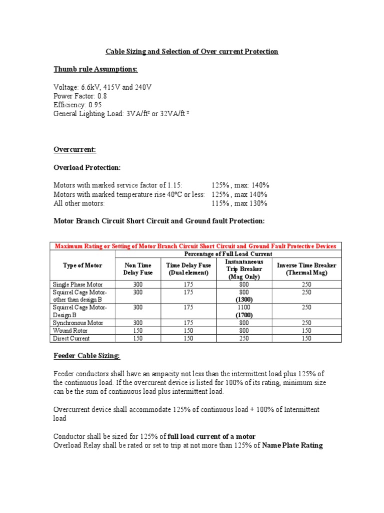 Cable Sizing and Selection of Over Current Protection | PDF