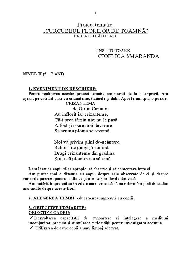 Proiect Tematic Curcubeul Florilor De Toana