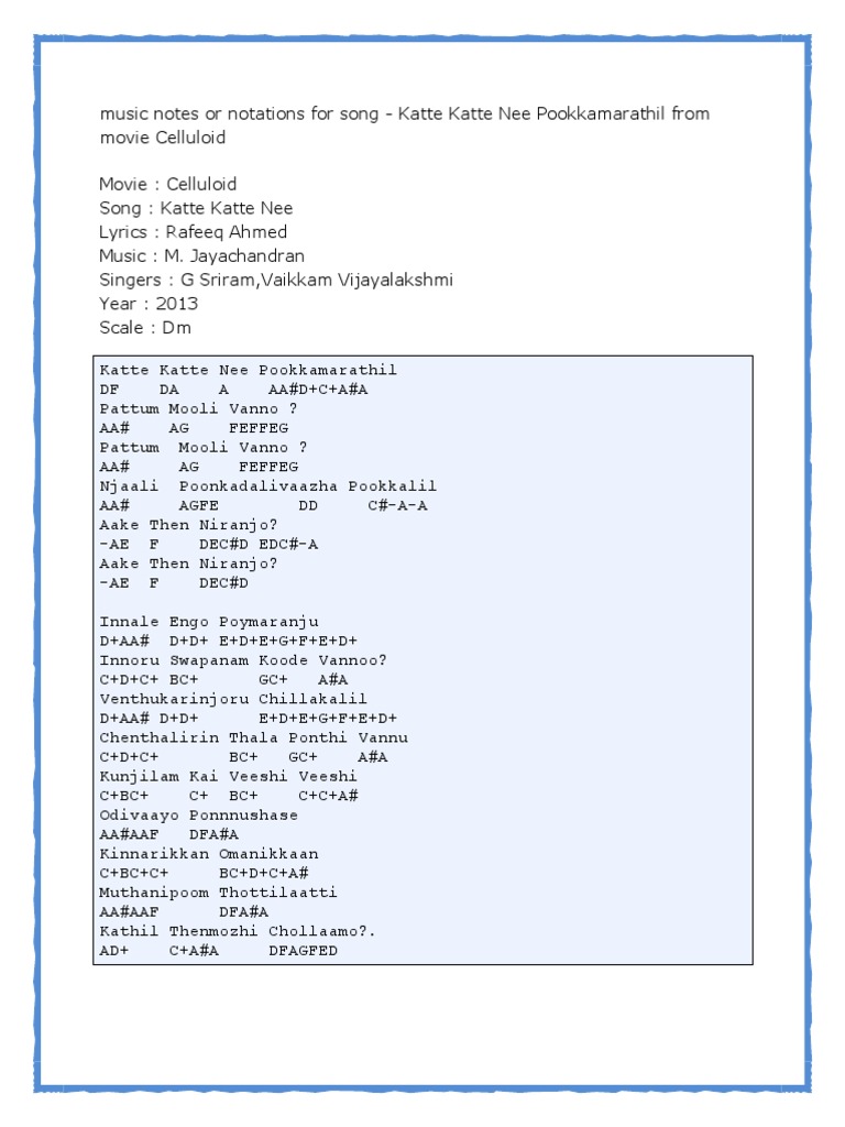 Music Notes Notations For Song Katte Katte Nee | PDF | Performing Arts ...