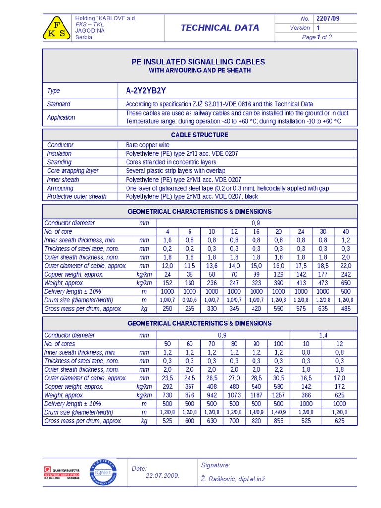 A-2Y2YB2Y Nx1x0,9 I Nx1x1,4 | PDF | Cable | Electrical Conductor