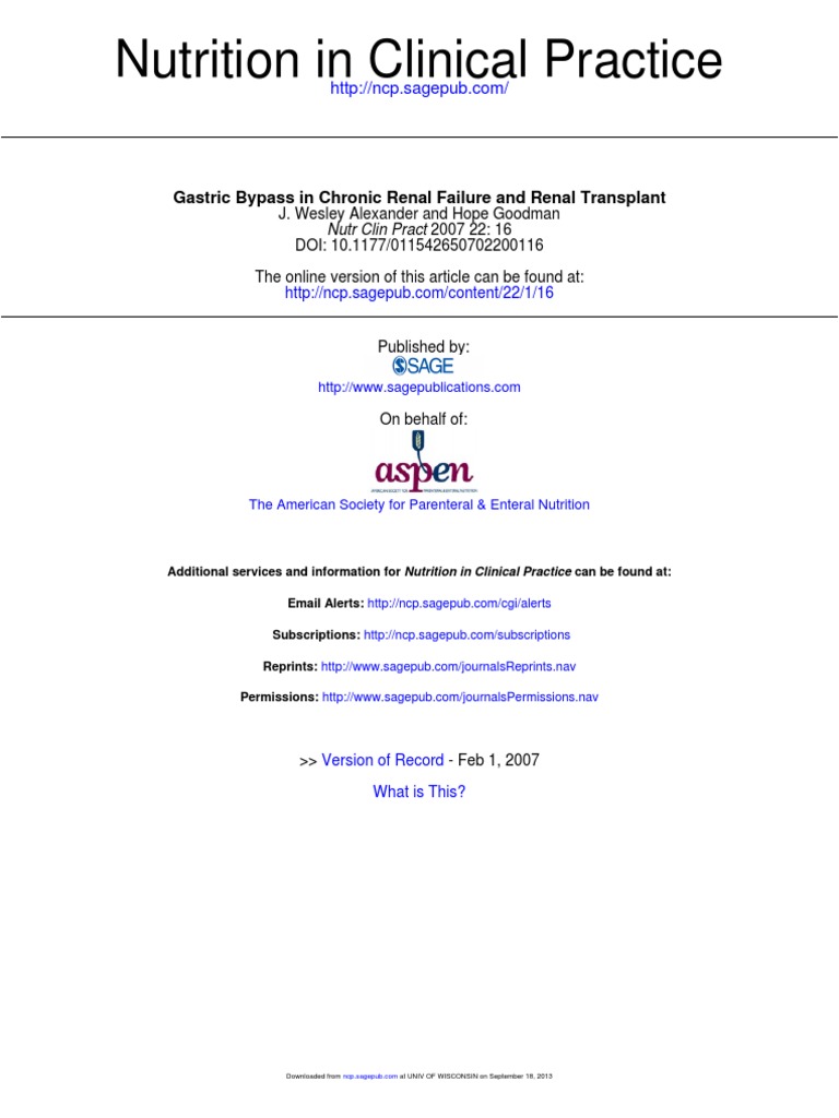 Nutrition in Clinical Practice Gastric Bypass in Chronic Renal Failure