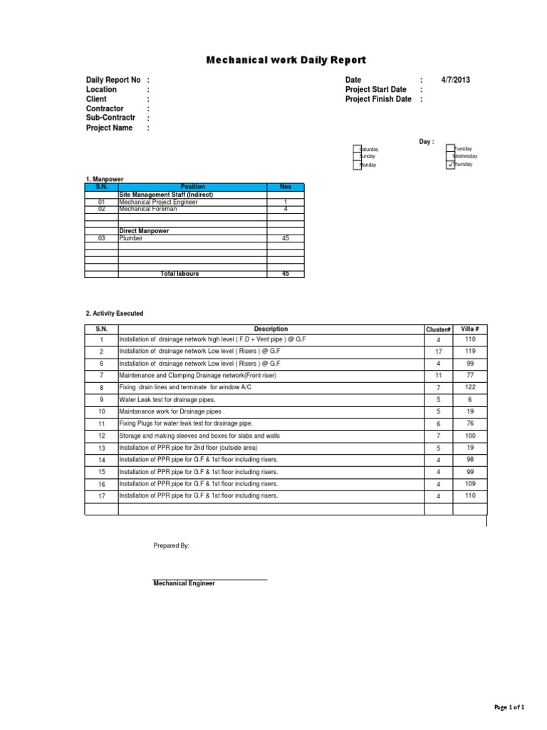 Mechanical Daily Report