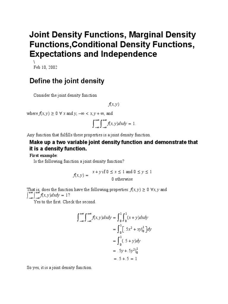 Joint Density Functions, Marginal Density Functions, Conditional ...
