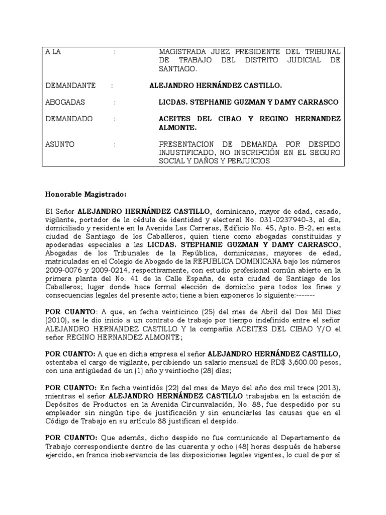 Demanda Laboral (Despido Injustificado) | PDF | República Dominicana |  Salario