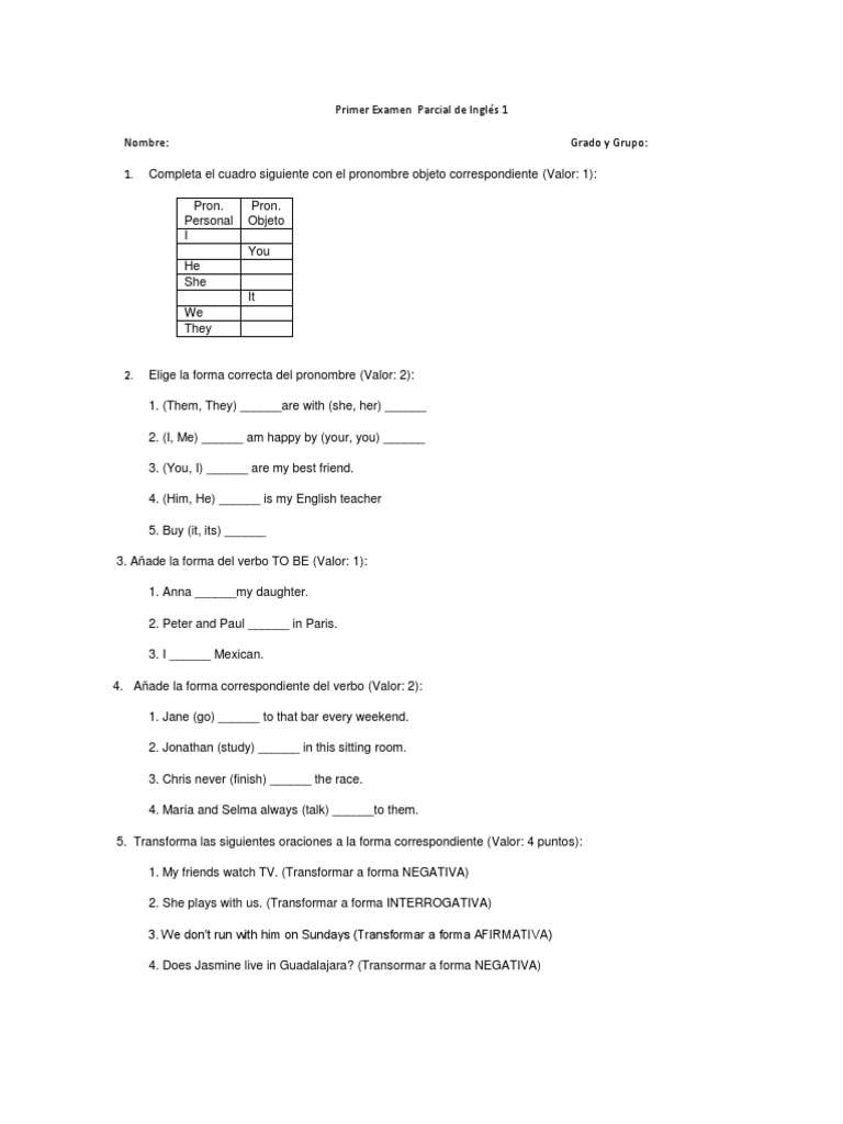 Primer Examen Parcial de Inglés 1 | PDF | Language Arts & Discipline