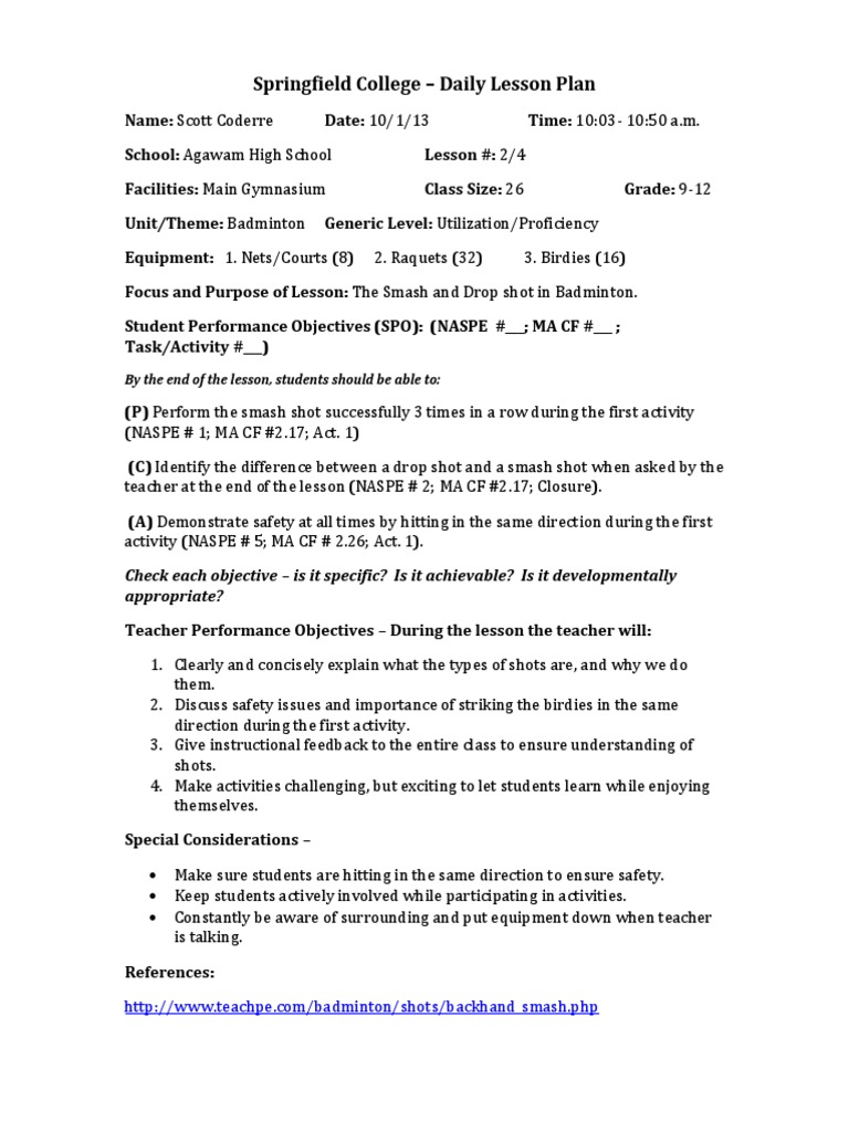 Badminton Lesson Plan PDF Lesson Plan Cognition