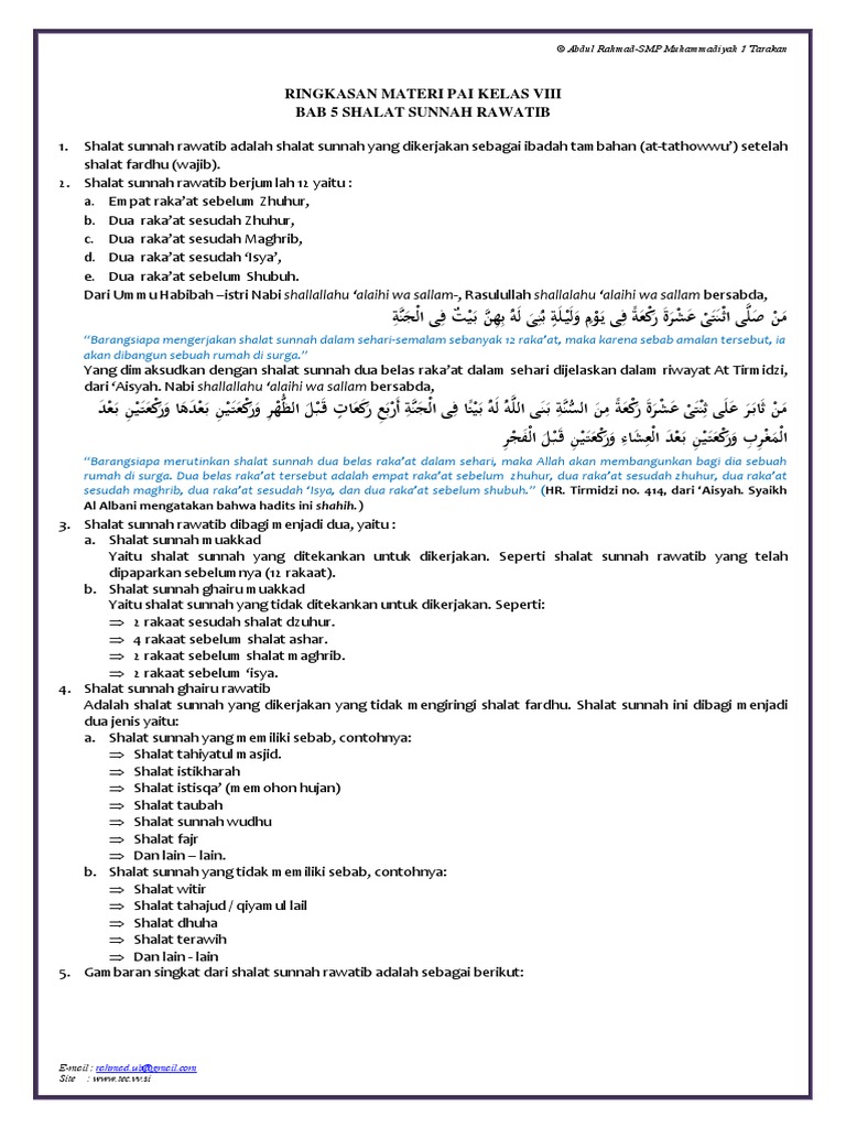 Ringkasan Materi Pai Kelas 8 Bab 5 Shalat Sunnah Rawatib