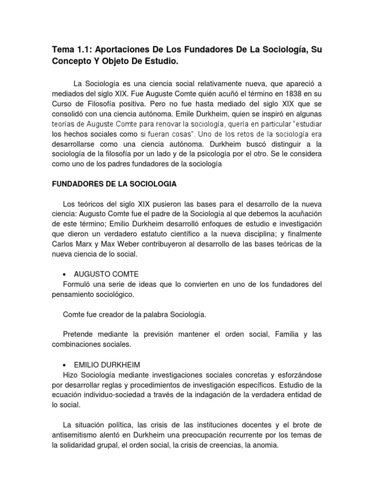 Tema  Aportaciones de Los Fundadores de La Sociología, Su Concepto y  Objeto de Estudio | PDF | Emile Durkheim | Sociología