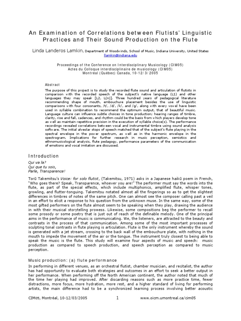 An Examination Of Correlations Between Flutists Linguistic - 