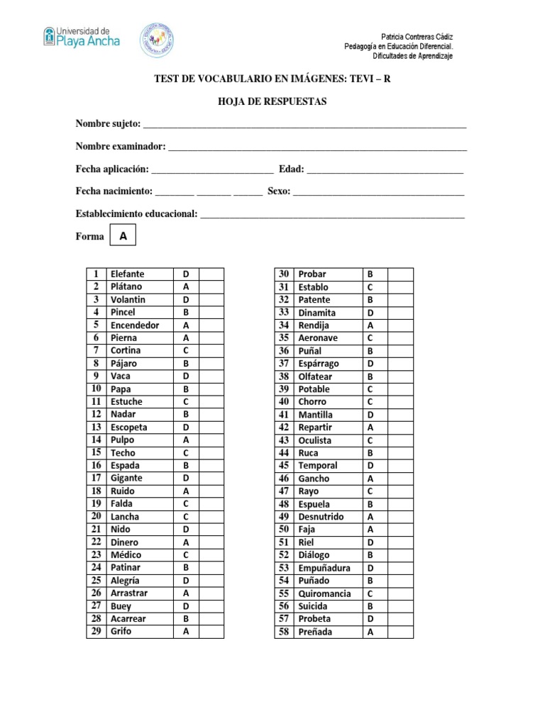 Test de Vocabulario TEVI-R para Aprendizaje | PDF | Crecimiento ...