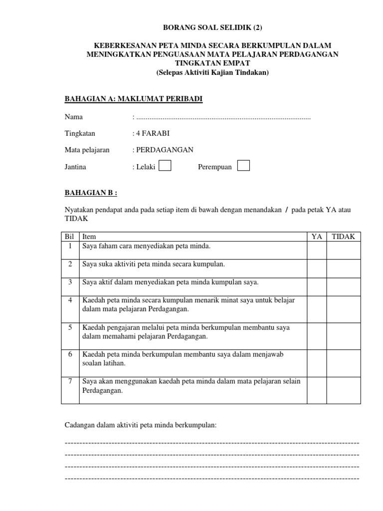 Borang Soal Selidik Selepas Kajian Pdf