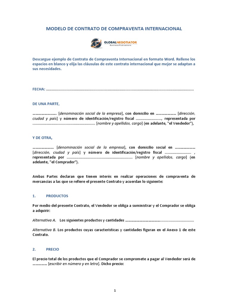 MODELO DE CONTRATO DE COMPRAVENTA INTERNACIONAL Derecho