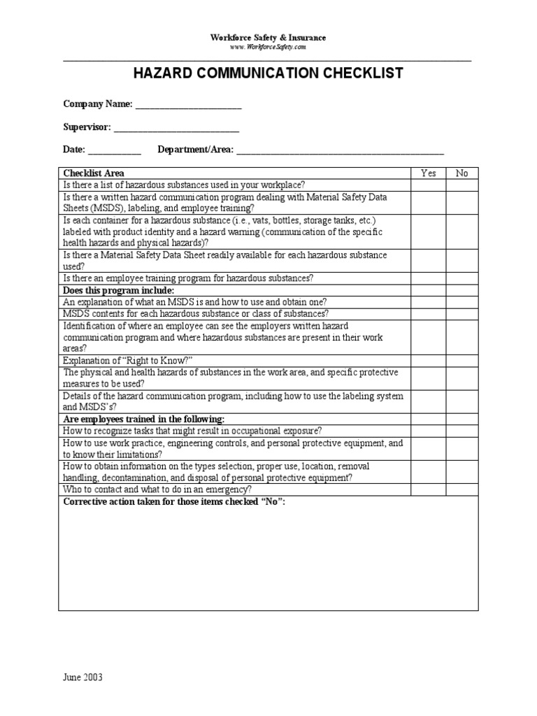 Hazard Communication Checklist PDF