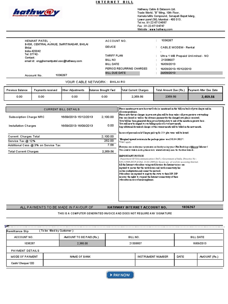 Hathway Bill Payments Invoice