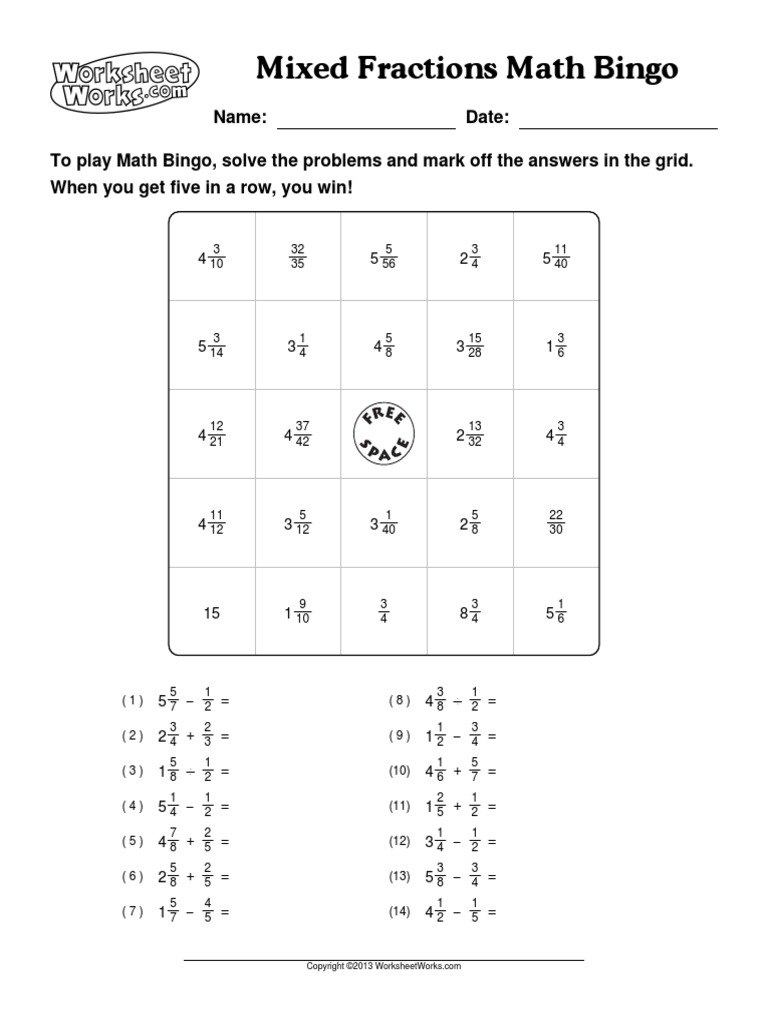 WorksheetWorks Mixed Fractions Math Bingo 1