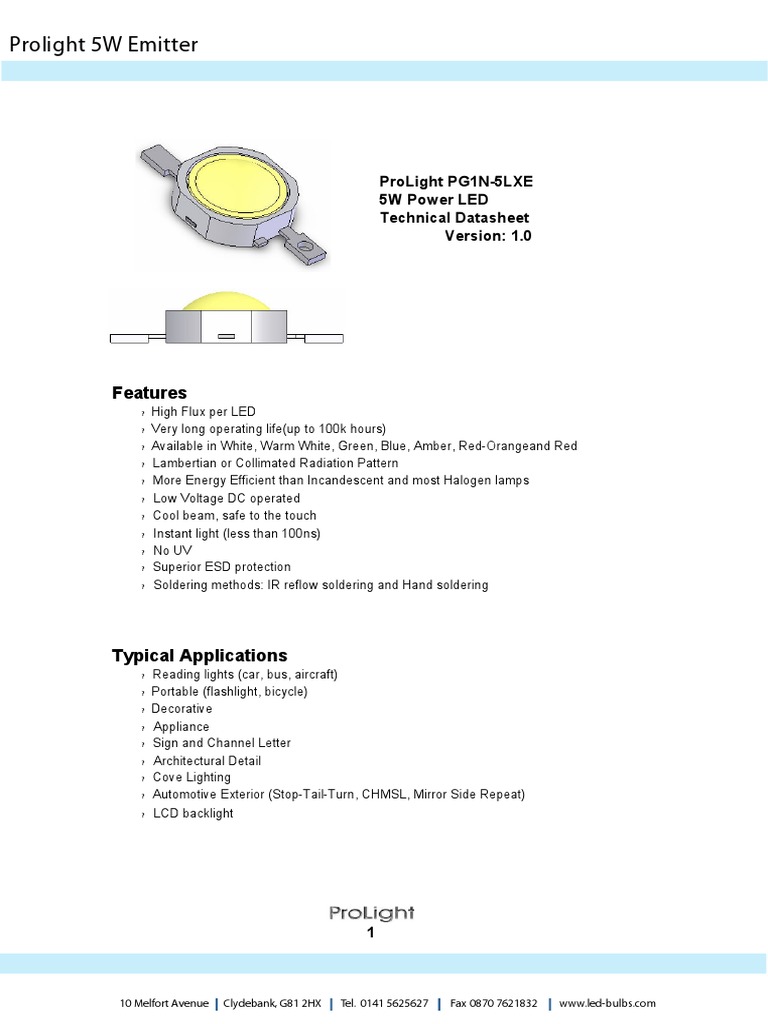 ProLight 5W Power LED Datasheet | PDF | Color | Light Emitting Diode