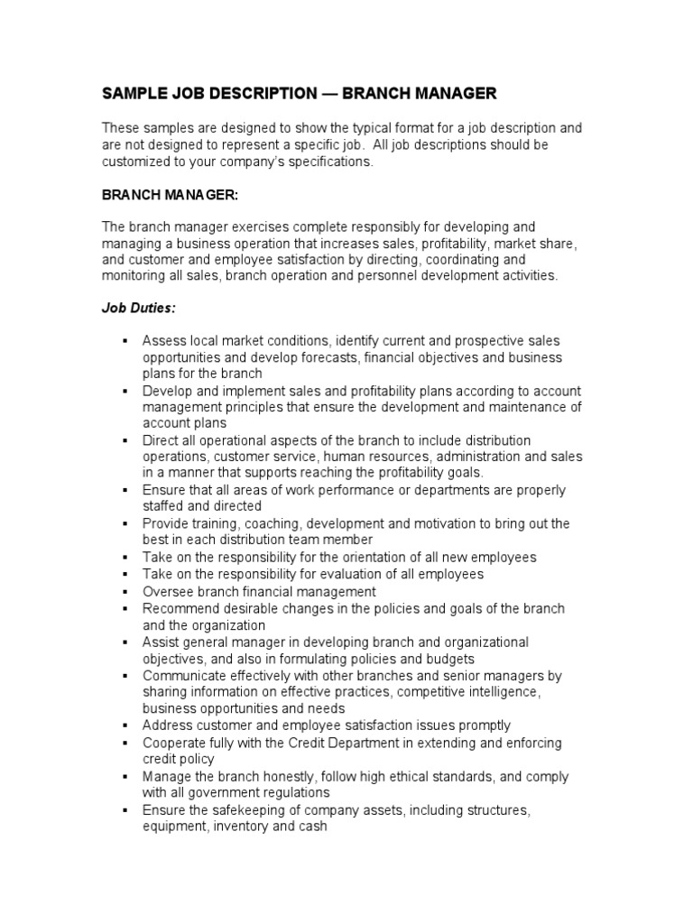Sample Job Description Branch Manager PDF Competence (Human