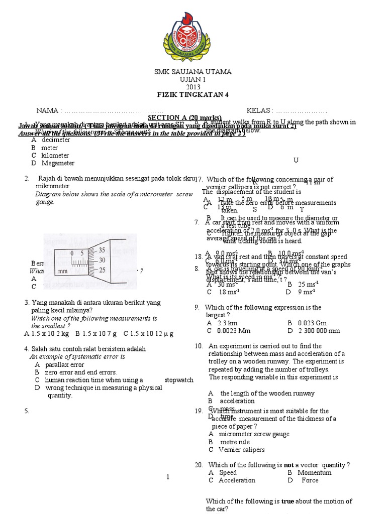 Ujian Bulanan 1 Fizik Tingkatan 4 2013 Pdf Acceleration Motion Physics