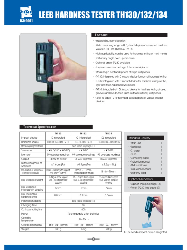 Leeb Hardness Testers TH130/132/134 Technical Specifications and