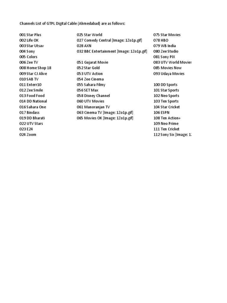 GTPL Channel List PDF Television Network Television