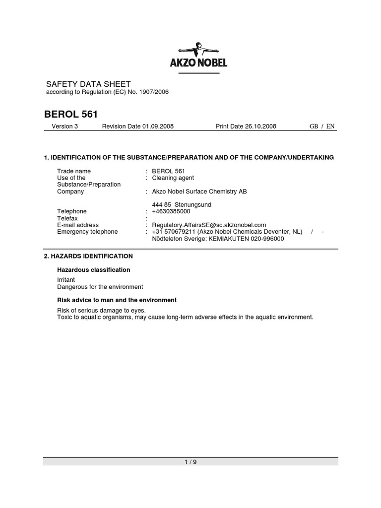 MSDS for Berol 561 Cleaning Agent | PDF | Toxicity | Personal ...