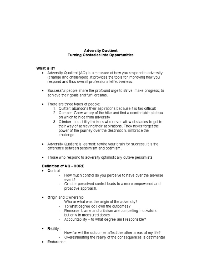 Adversity Quotient: Core Concepts Explained | PDF | Pessimism | Optimism