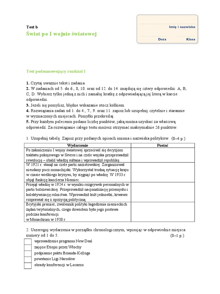 Swiat Po Ii Wojnie Swiatowej Test Podsumowujacy Rozdzial 3