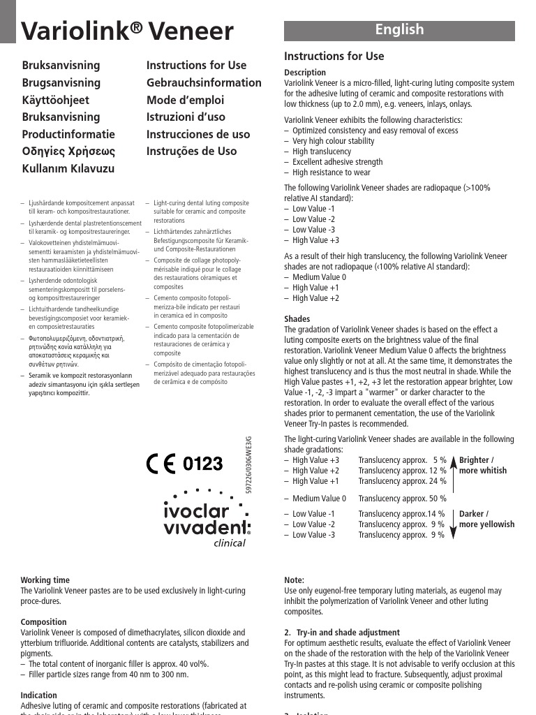 Variolink Veneer Instructions For Use PDF Dentistry Dentistry